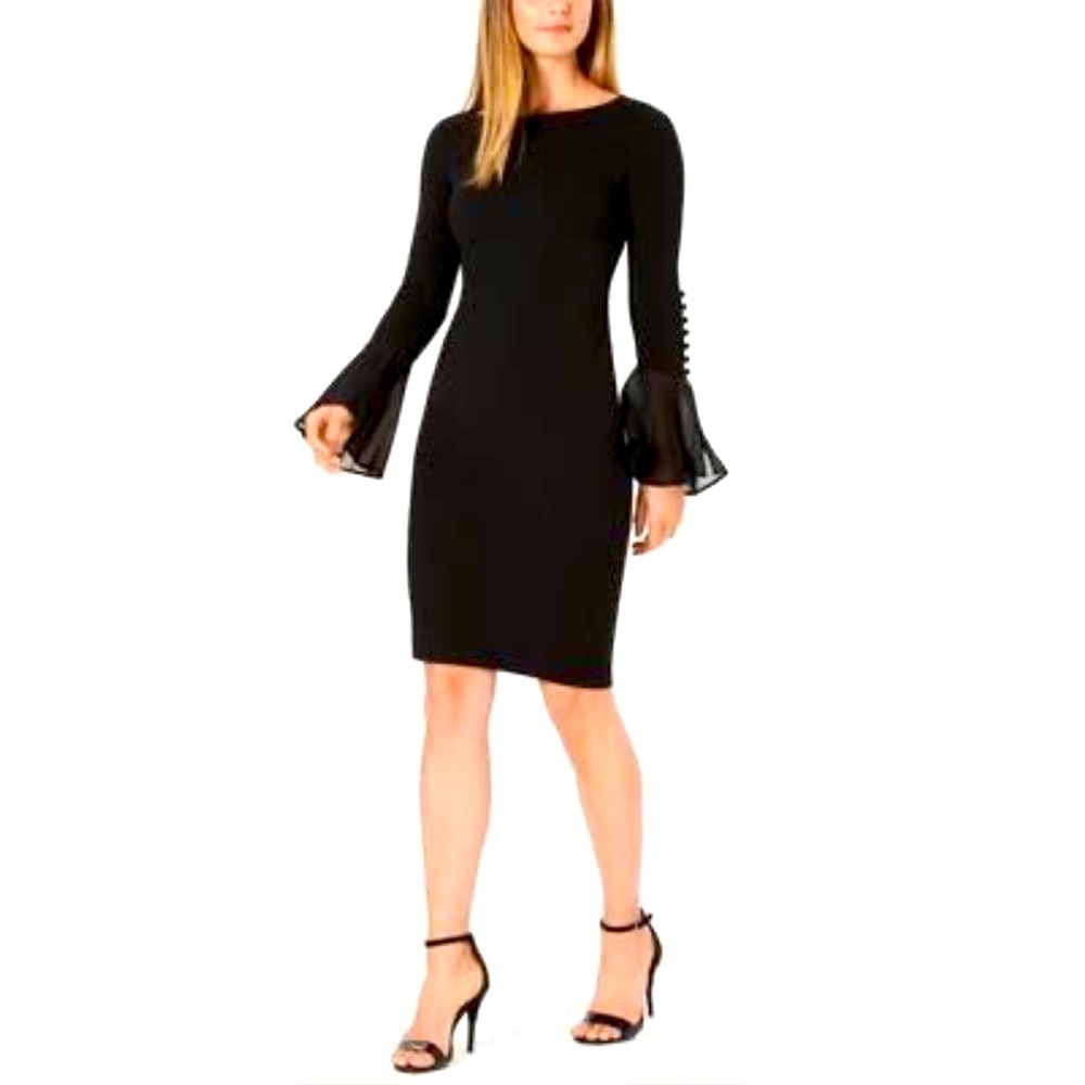 Calvin Klein NEW Elegant Chiffon Bell Sleeve Sheath Black Dress Women’s Sz 4